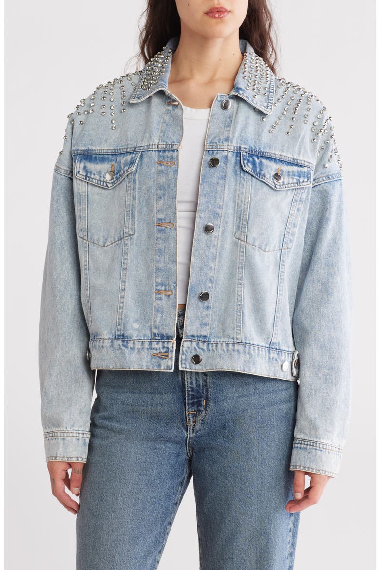 Top Crystal Embellishment Denim Jacket, Main, color, LIGHT WASH