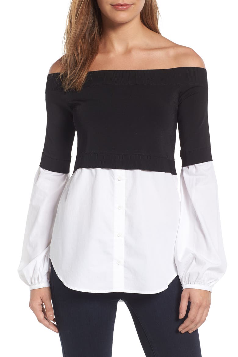 Off the Shoulder Poplin Sweater, Main, color, BLACK- WHITE COMBO