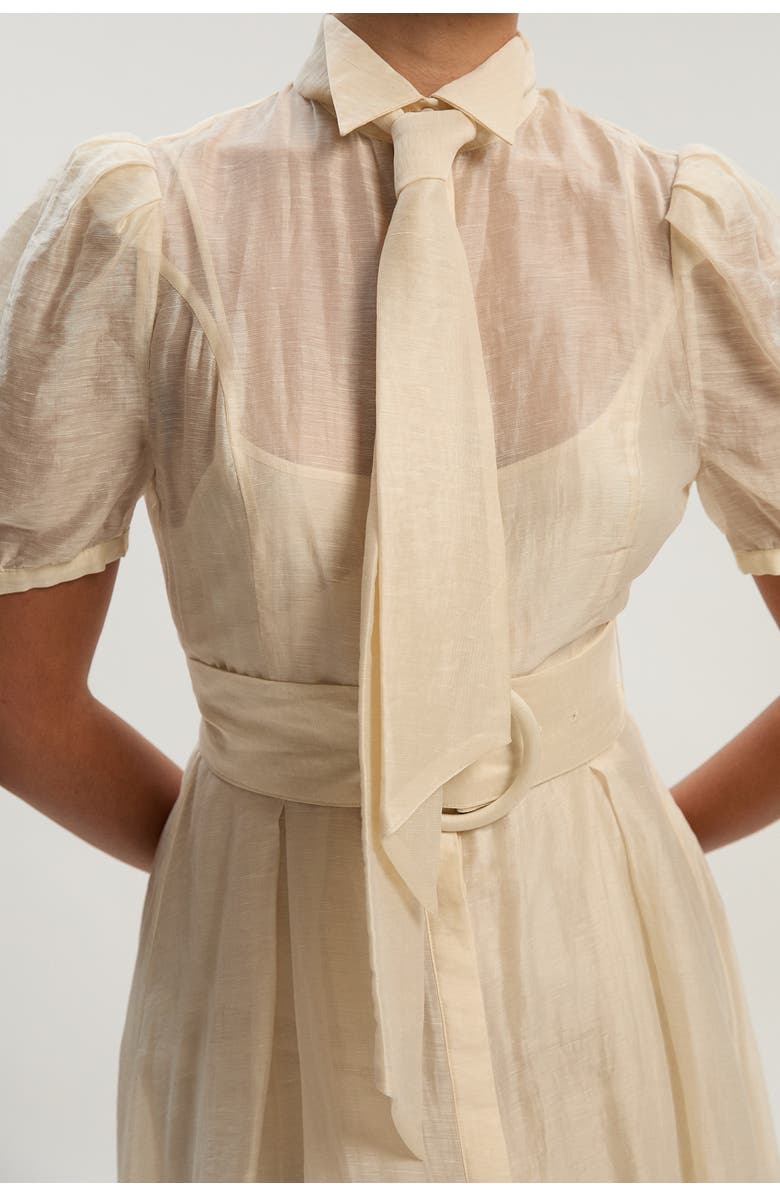 Karen Millen Organdie Tie Neck Woven Midi Dress, Alternate, color, Ivory
