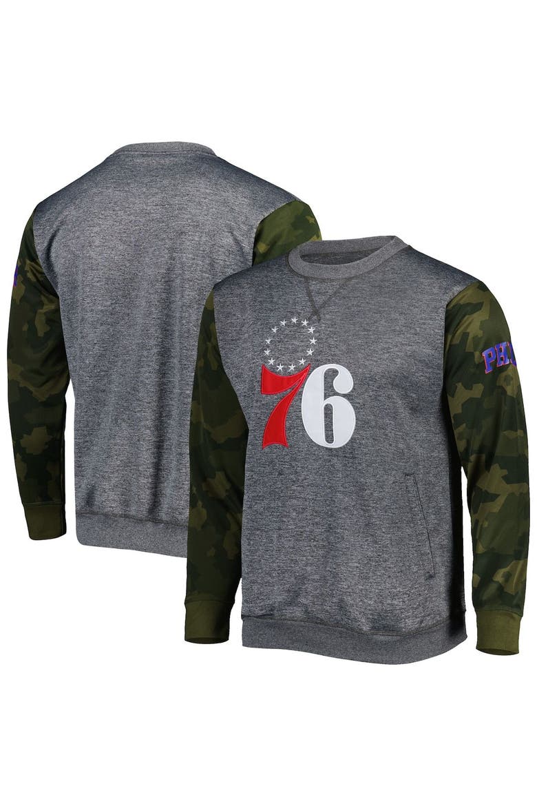 Men's Fanatics Branded Heather Charcoal Philadelphia 76ers Camo Stitched Sweatshirt, Alternate, color, Heather Charcoal