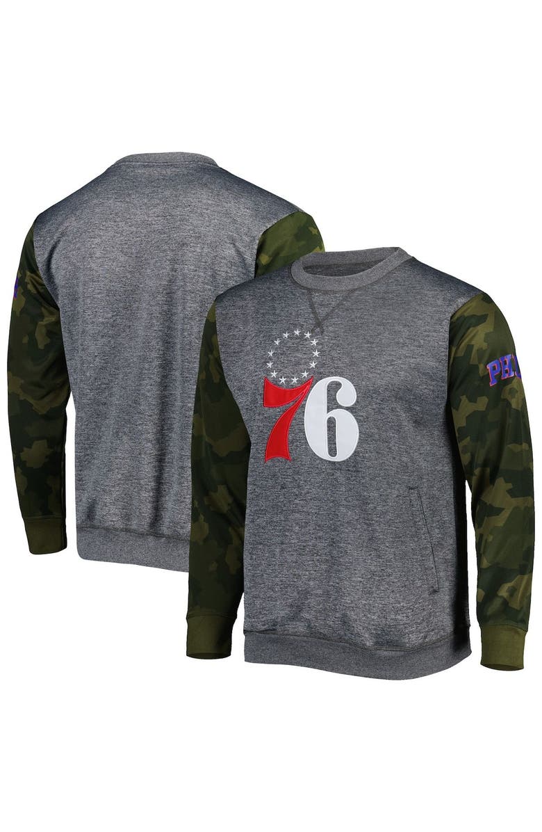 FANATICS Men's Fanatics Branded Heather Charcoal Philadelphia 76ers Camo Stitched Sweatshirt, Alternate, color, Heather Charcoal