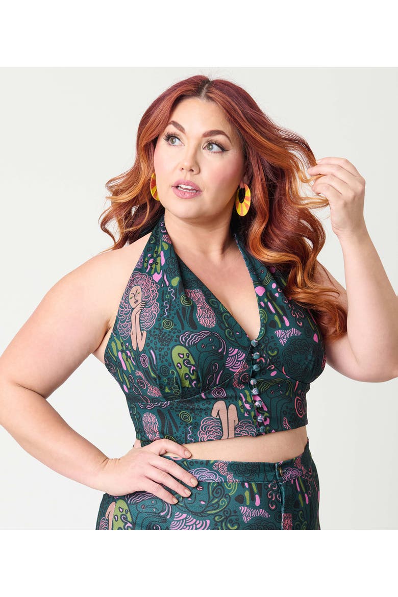 Plus Size Halter Neck Crop Top, Alternate, color, Green Mannequin Doodle Print