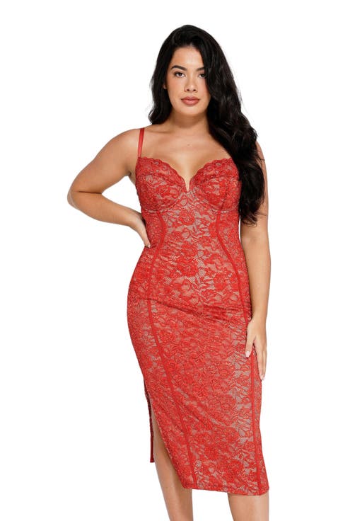 Shapewear All-Lace Hourglass Corset Side Slit Midi Dress