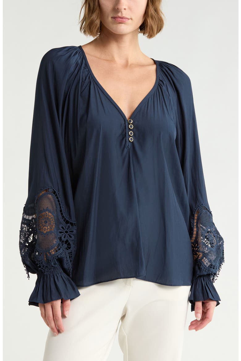 Irina Lace Trim Long Sleeve Top, Main, color, NAVY