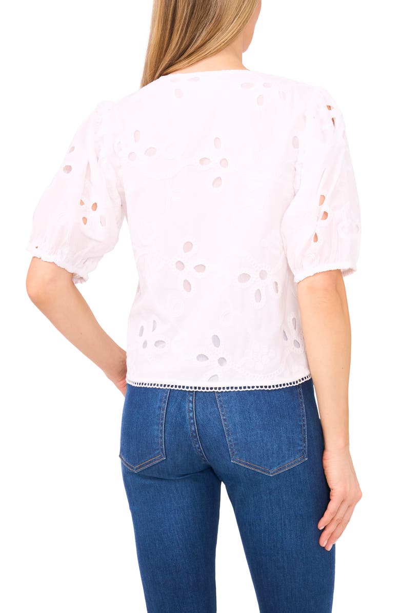 CeCe Embroidered Puff Sleeve Cotton Top, Alternate, color, Ultra White