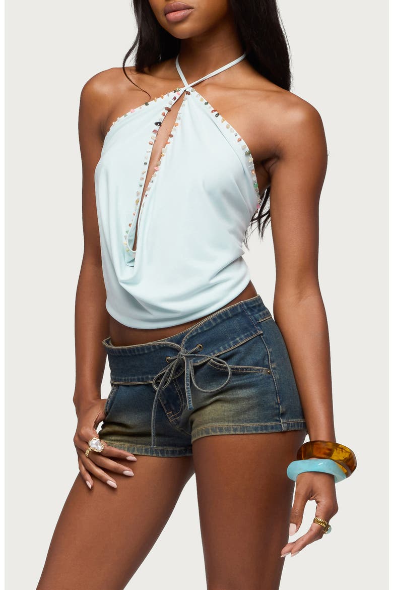Stone Cowl Neck Knit Halter Top, Alternate, color, AQUA