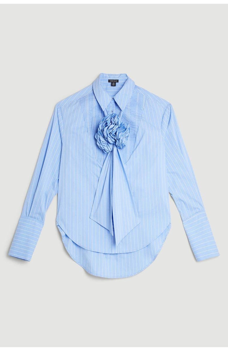 Karen Millen Striped Cotton Tie-Neck Rosette Shirt, Alternate, color, Blue