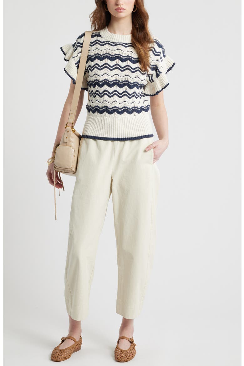 Flutter Sleeve Cotton Pointelle & Rib Sweater, Alternate, color, NAVY- IVORY WAVE STRIPE