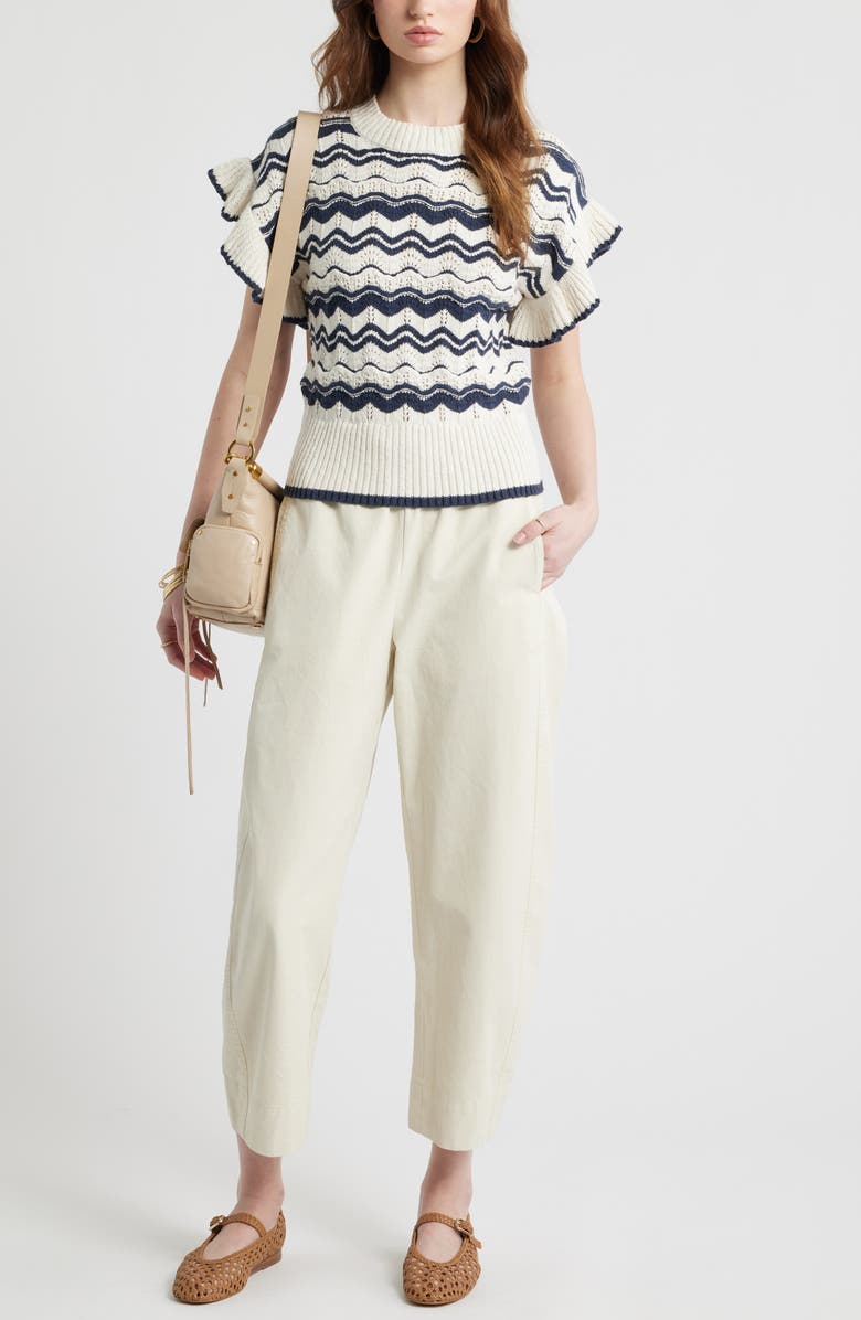 Treasure & Bond Flutter Sleeve Cotton Pointelle & Rib Sweater, Alternate, color, Navy- Ivory Wave Stripe