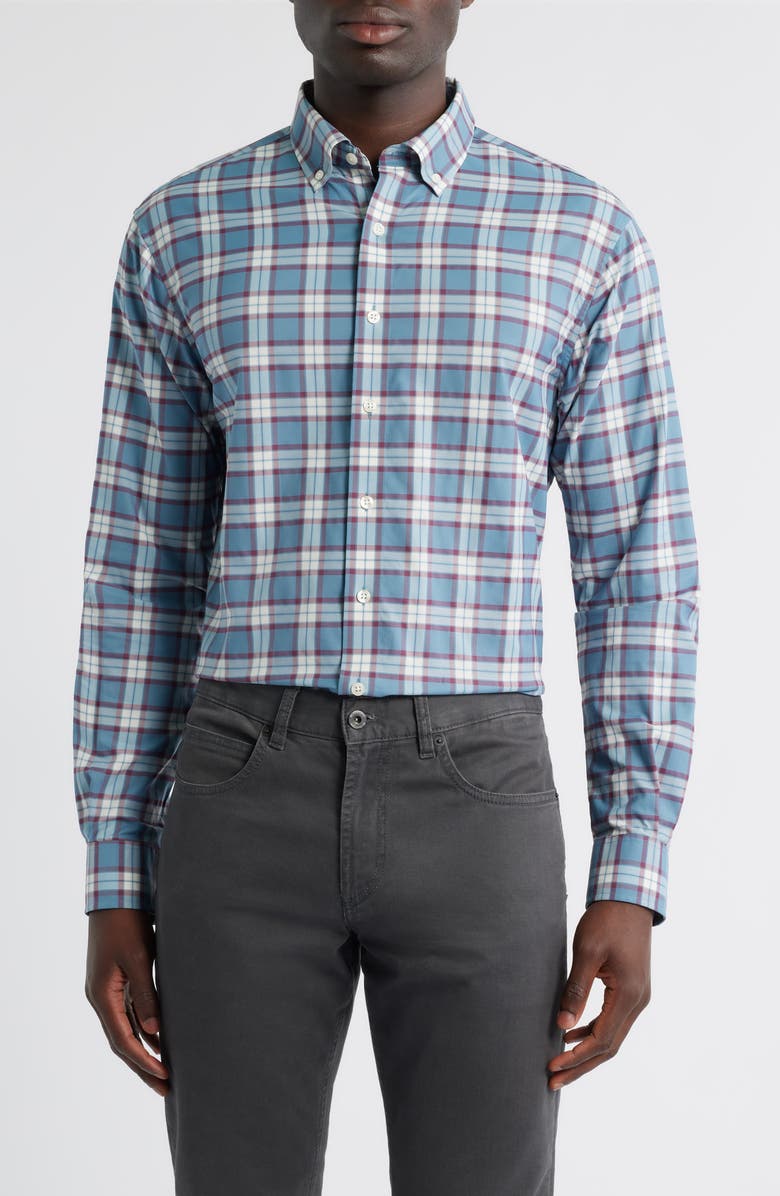 johnnie-O Feldy Plaid Stretch Button-Down Shirt, Main, color, Laguna Blue