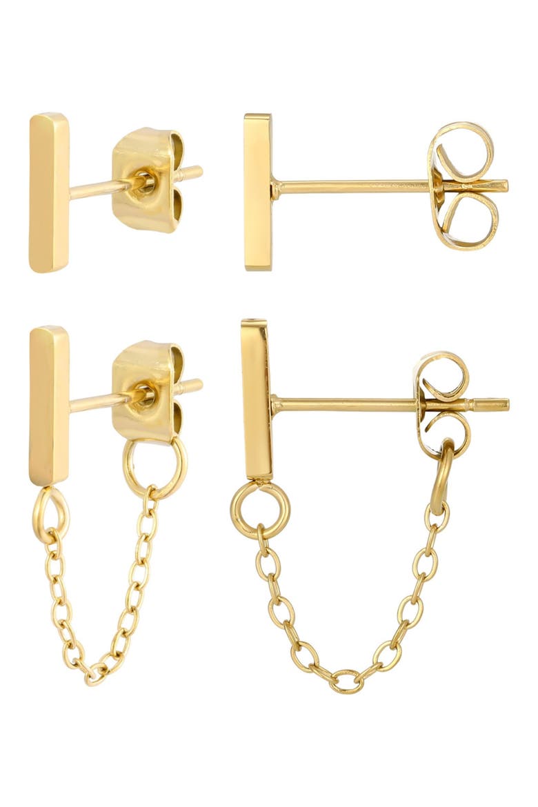 Set of 2 18K Gold Plated Bar Stud & Front/Back Earrings, Alternate, color, GOLD