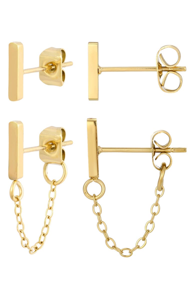 Adornia Set of 2 18K Gold Plated Bar Stud & Front/Back Earrings, Alternate, color, Gold