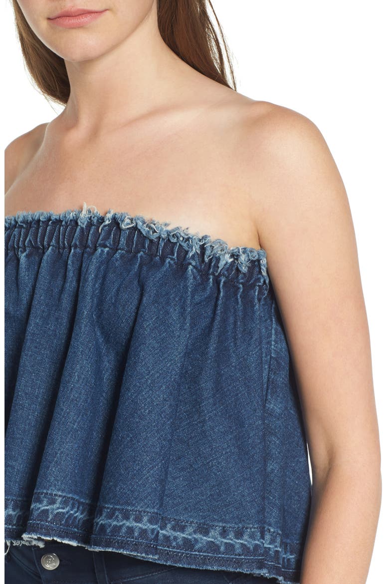 Ruffle Strapless Denim Top, Alternate, color, BLUE