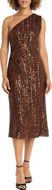 Maggy London Sequin One-Shoulder Midi Cocktail Dress