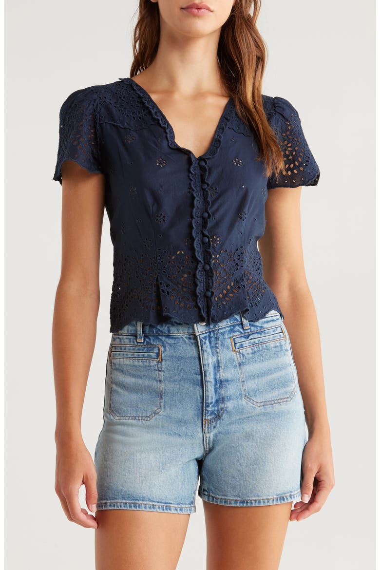 Quinta Cotton Eyelet Button-Up Shirt, Main, color, NAVY