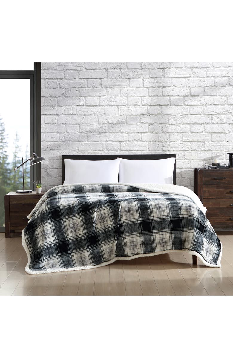 Eddie Bauer Vail Plaid Faux Shearling Throw Blanket, Alternate, color, Grey