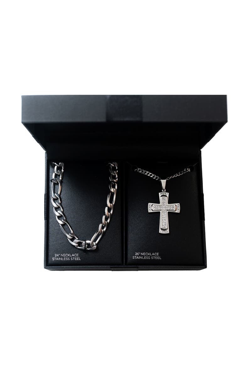 Men's Set of 2 Figaro Chain & Pavé Crystal Cross Pendant Necklaces, Main, color, SILVER/ SILVER