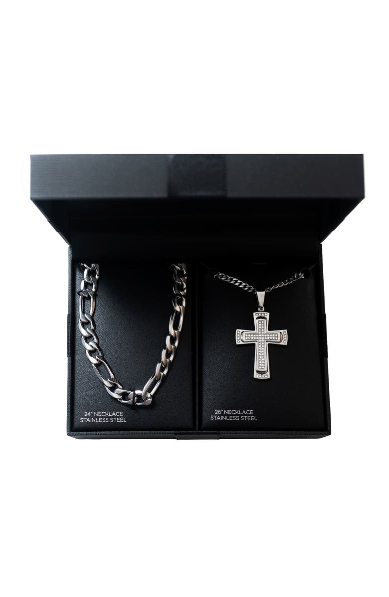 AMERICAN EXCHANGE Men's Set of 2 Figaro Chain & Pavé Crystal Cross Pendant Necklaces, Alternate, color, Silver/ Silver