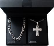 AMERICAN EXCHANGE Men's Set of 2 Figaro Chain & Pavé Crystal Cross Pendant Necklaces