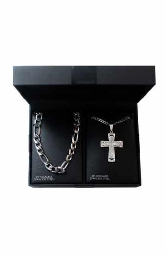 AMERICAN EXCHANGE Men's Set of 2 Figaro Chain & Pavé Crystal Cross Pendant Necklaces