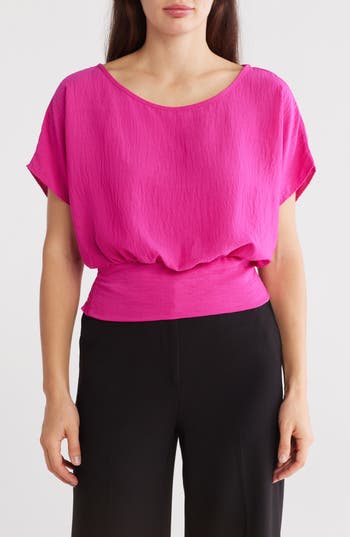 RENEE C RENEE C SHORT SLEEVE SMOCKED HEM BLOUSON TOP 