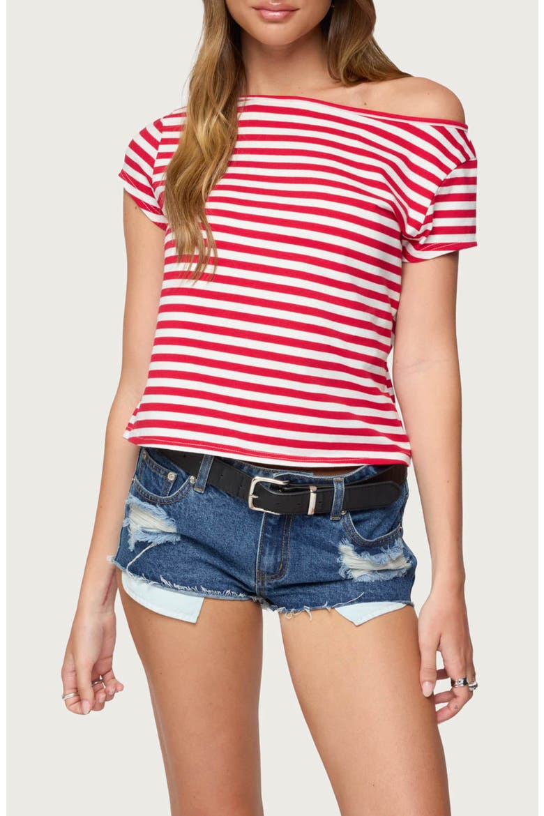 Aretha Stripe Off the Shoulder Stretch Cotton Top, Main, color, RED