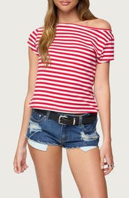 EDIKTED Aretha Stripe Off the Shoulder Stretch Cotton Top