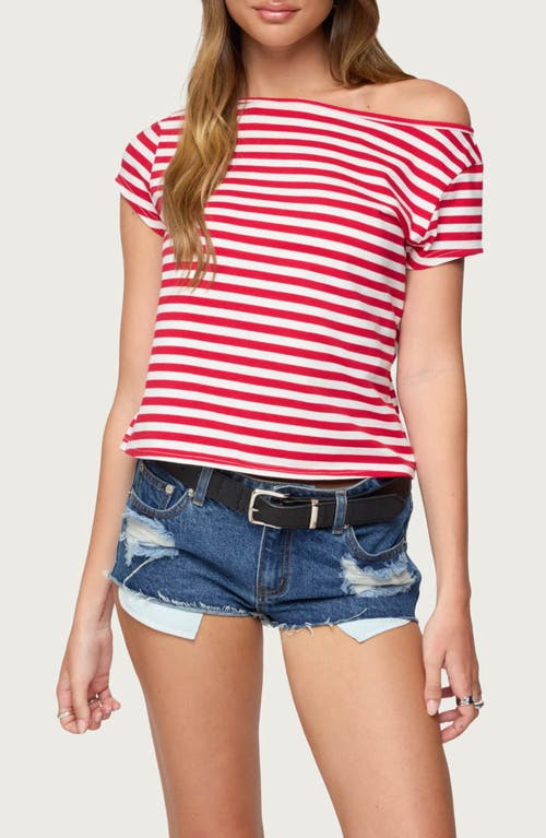 Edikted Aretha Stripe Off The Shoulder Stretch Cotton Top In Red