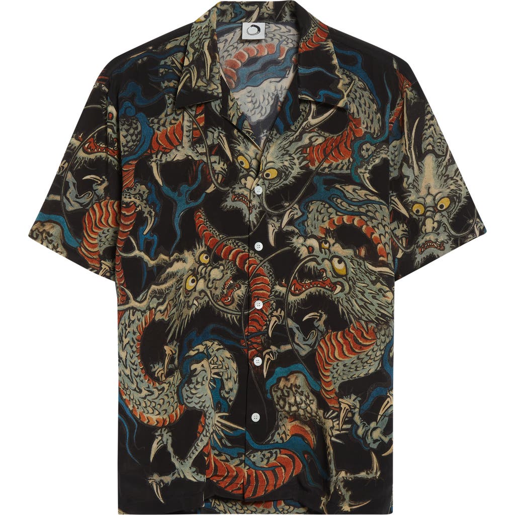 Endless Joy Tiga Naga Silk Crepe Camp Shirt In Black