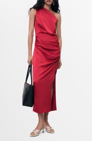 MANGO Asymmetric One-Shoulder Satin Cocktail Dress