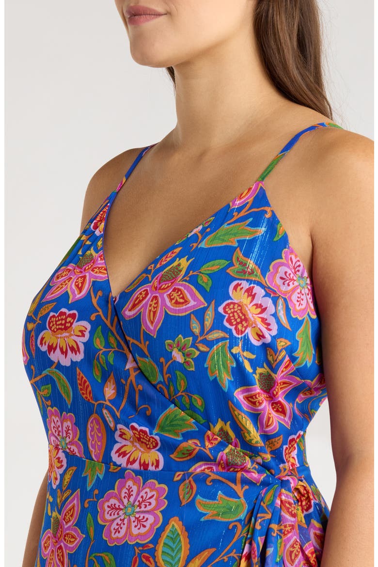 Wendey Metallic Floral Ruffle Cocktail Wrap Dress, Alternate, color, BLUE-MULT