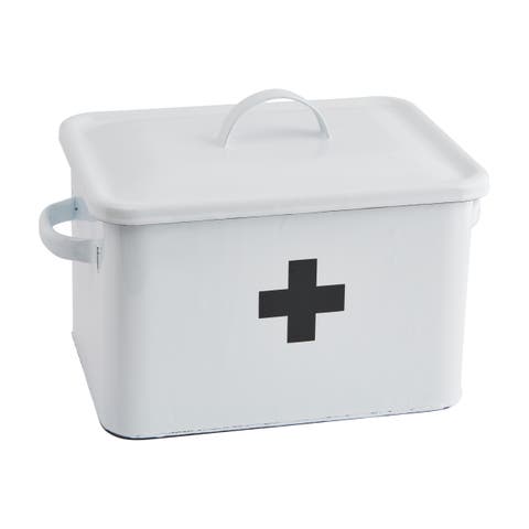 Enameled Metal First Aid Box with Lid and Swiss Cross, White and Black