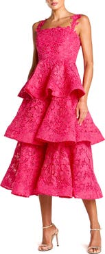 Mac Duggal Sleeveless Embroidered Lace Ruffle Midi Dress