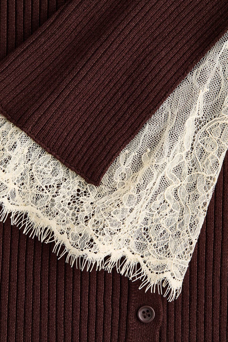 Lace-Trimmed Rib-Knit Cardigan, Alternate, color, Rust brown