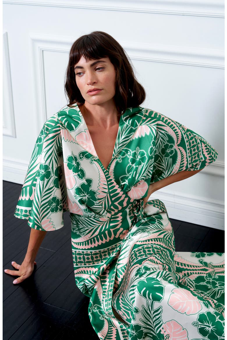 Cloudine Tropical Print Maxi Wrap Dress, Alternate, color, GREEN/ ORANGE