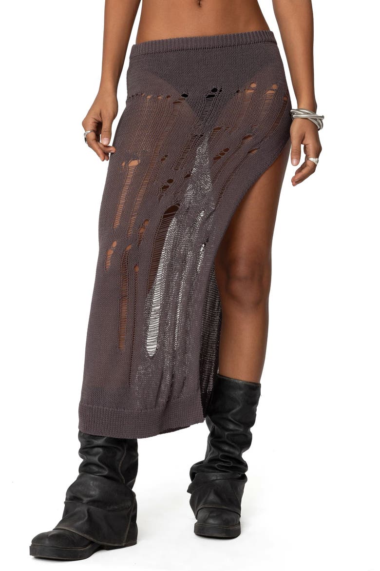 Jaynie Distressed Open Knit Maxi Skirt, Main, color, BROWN