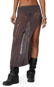 EDIKTED Jaynie Distressed Open Knit Maxi Skirt