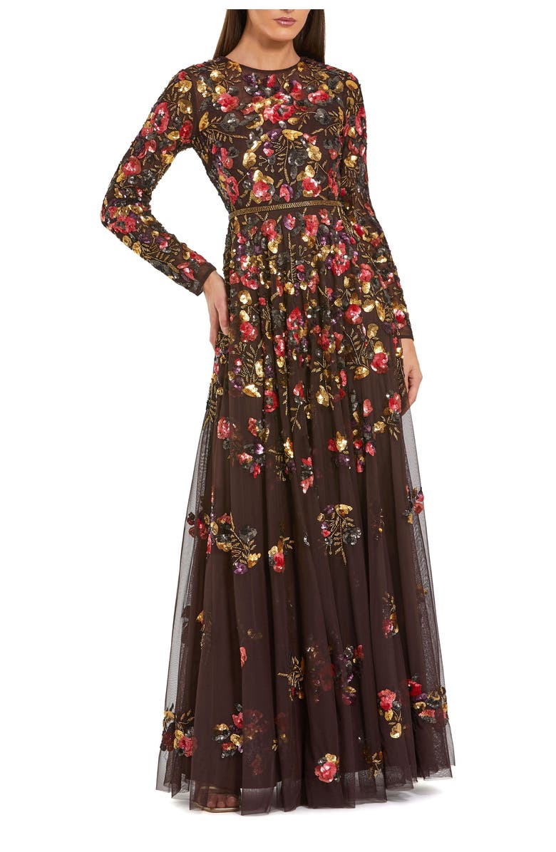 Mac Duggal Long Sleeve Floral Embellished Evening Gown, Main, color, Espresso Multi