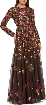 Mac Duggal Long Sleeve Floral Embellished Evening Gown