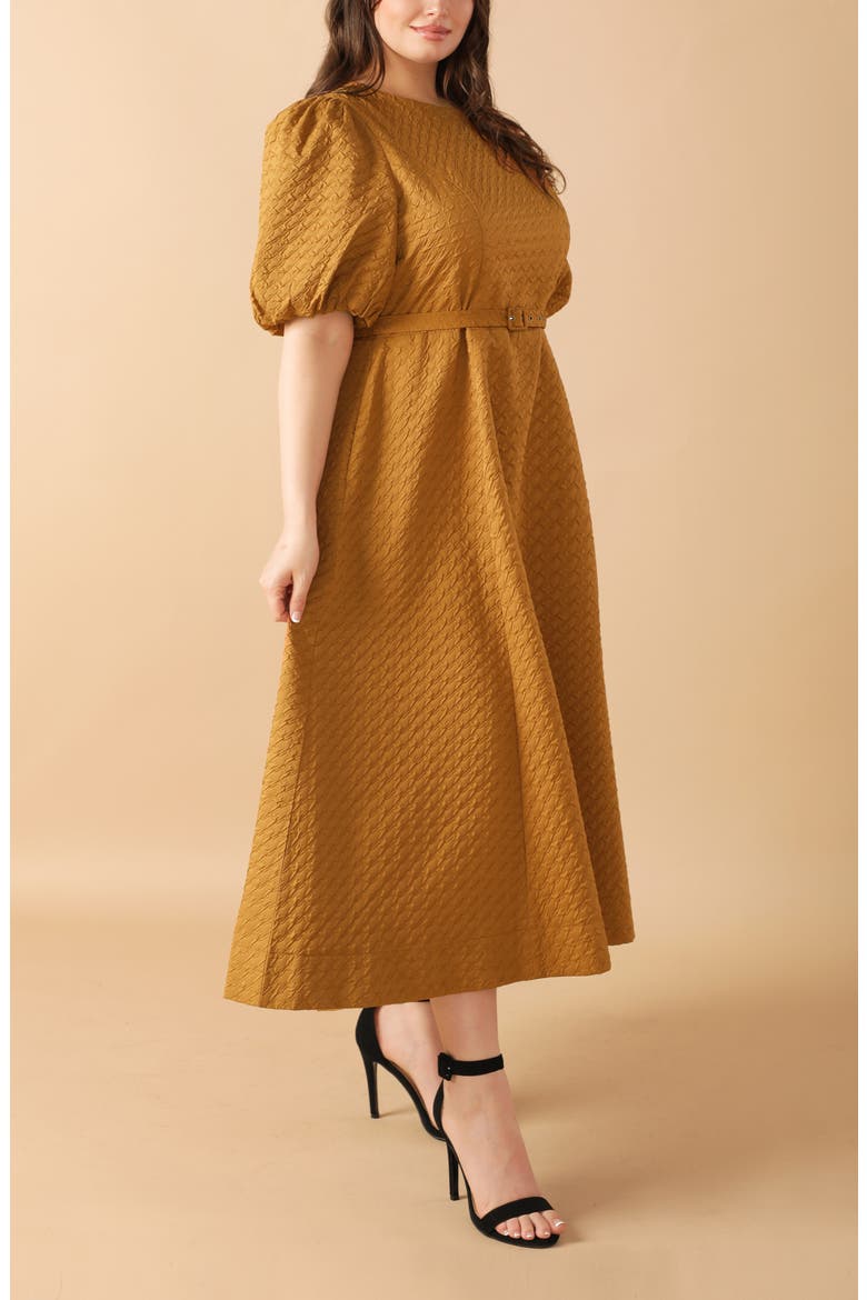 Belted Houndstooth Puff Sleeve Maxi Dress, Alternate, color, CAMEL