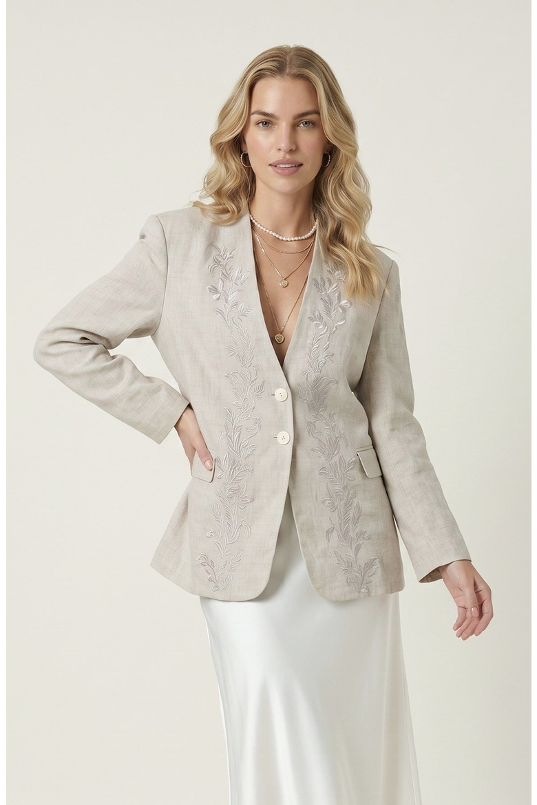 Floral Embroidered Linen Blazer, Main, color, White