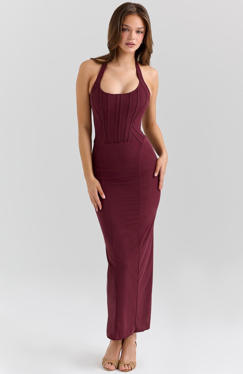 HOUSE OF CB Lusilla Halter Powermesh Body-Con Cocktail Dress, Alternate, color, Grape