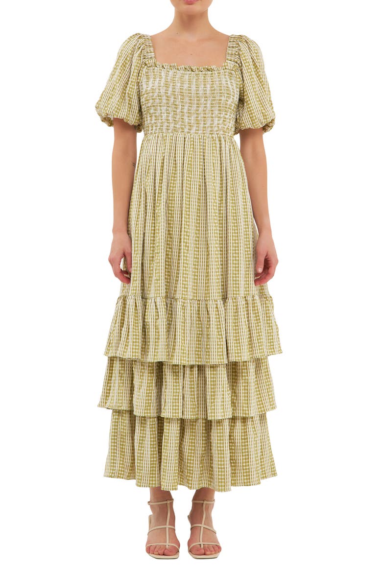 Gingham Stripe Tiered Dress, Alternate, color, AVOCADO