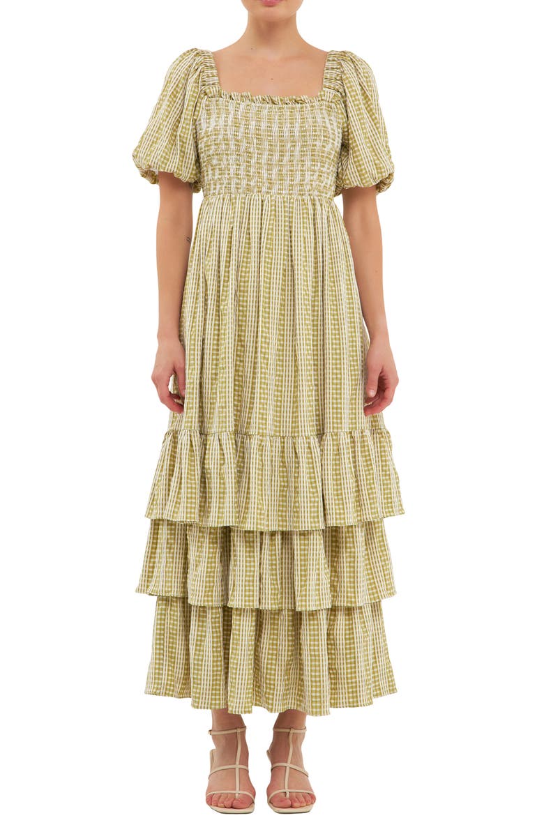 English Factory Gingham Stripe Tiered Dress, Alternate, color, Avocado