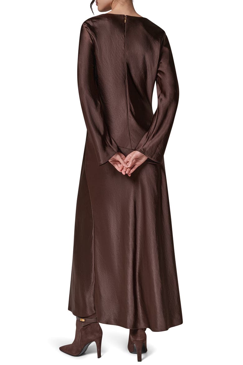 Long Sleeve Draped Neck Satin Dress, Alternate, color, ESPRESSO