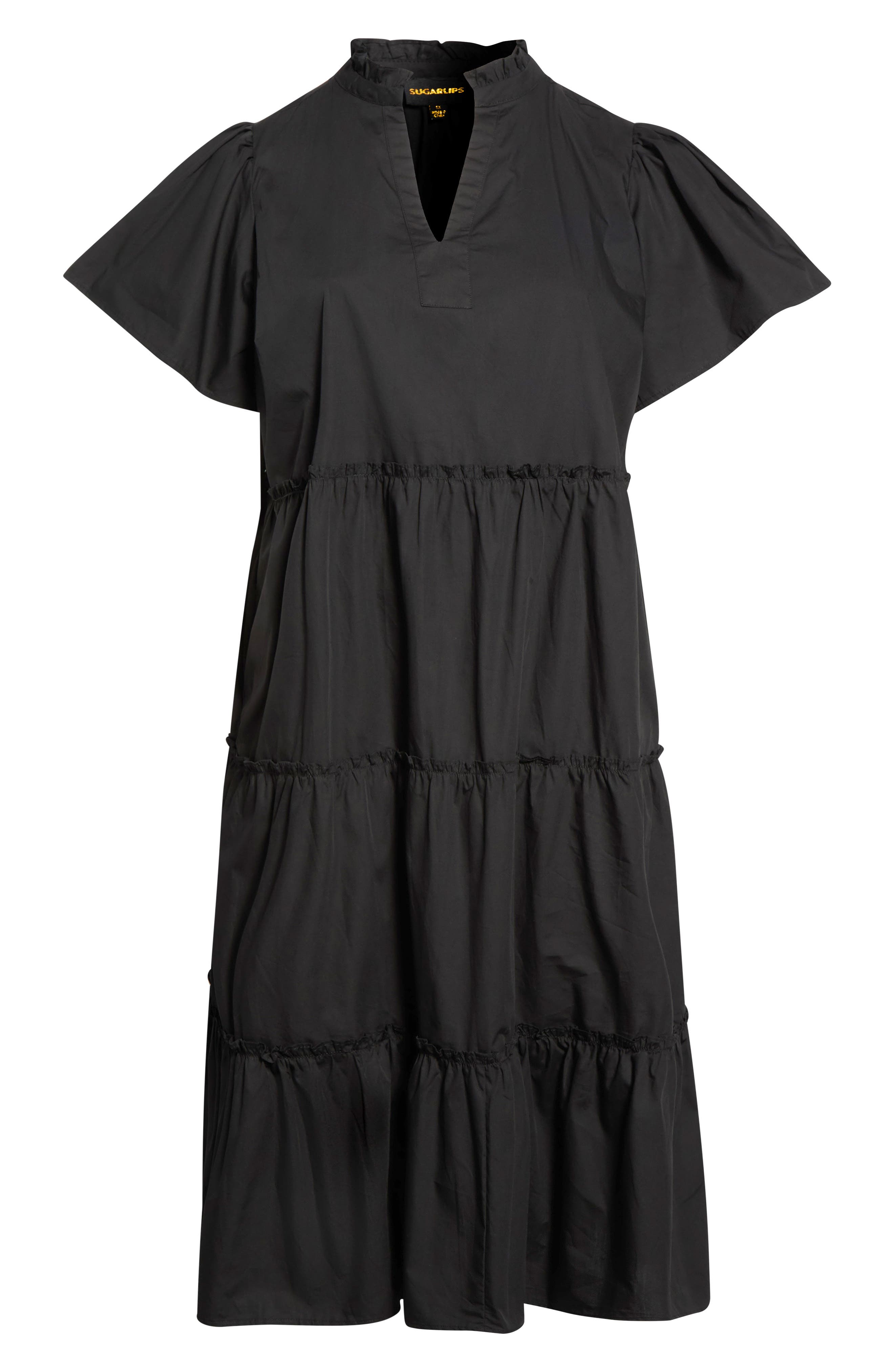 Sugarlips Noelle Split Neck Tiered Cotton Dress In Black