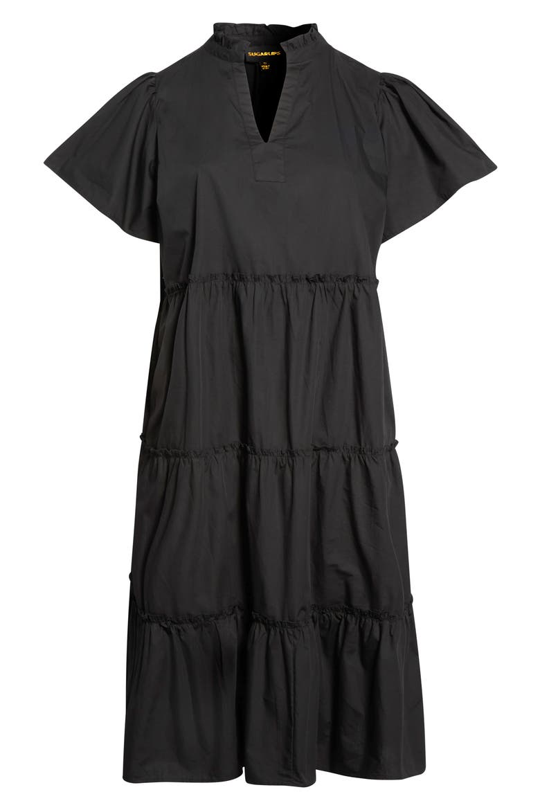 Noelle Split Neck Tiered Cotton Dress, Main, color, BLACK