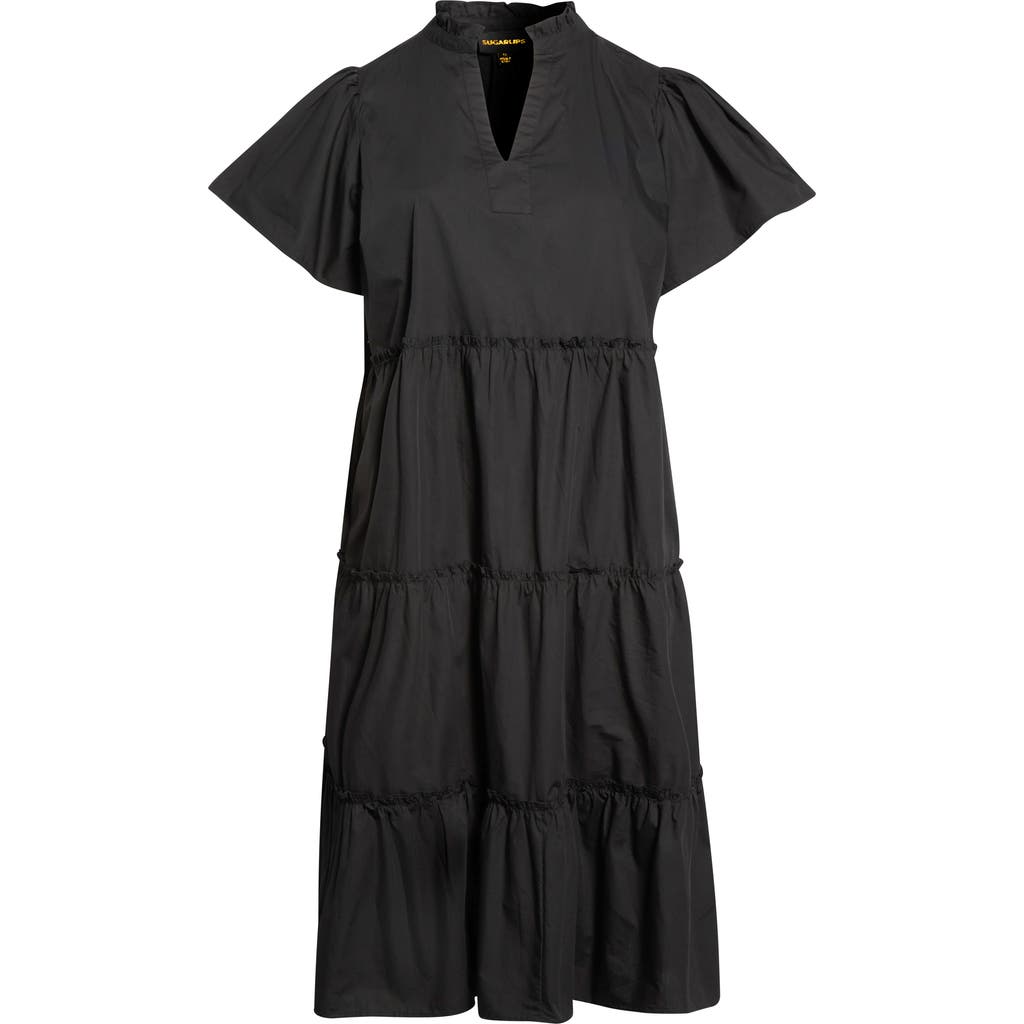 Sugarlips Noelle Split Neck Tiered Cotton Dress In Black