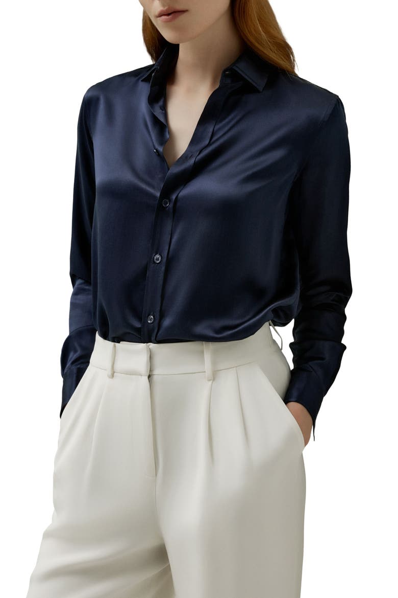 Women's Tailored Button Down Silk Shirt, Main, color, Navy Blue