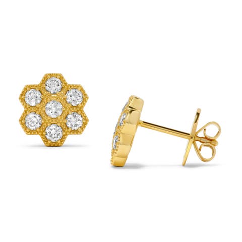 Honeycomb Round Diamond Stud Earrings in 14K Yellow Gold